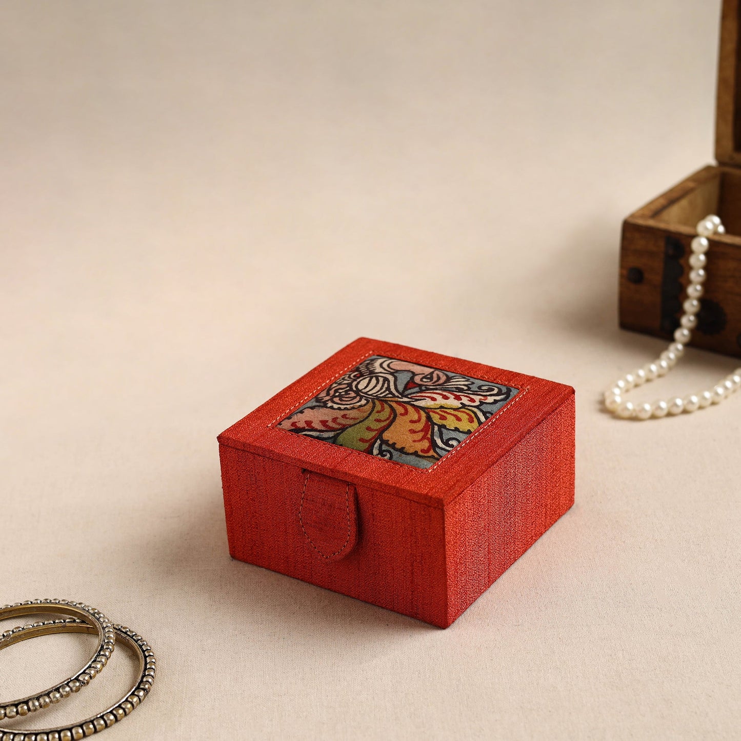 Red Kalamkari Handpainted Ghicha Silk Bangle Box (Small)