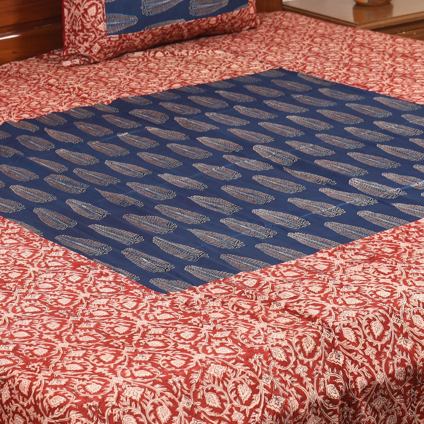 Red - kalamkari with modal silk patch cotton bedsheet set