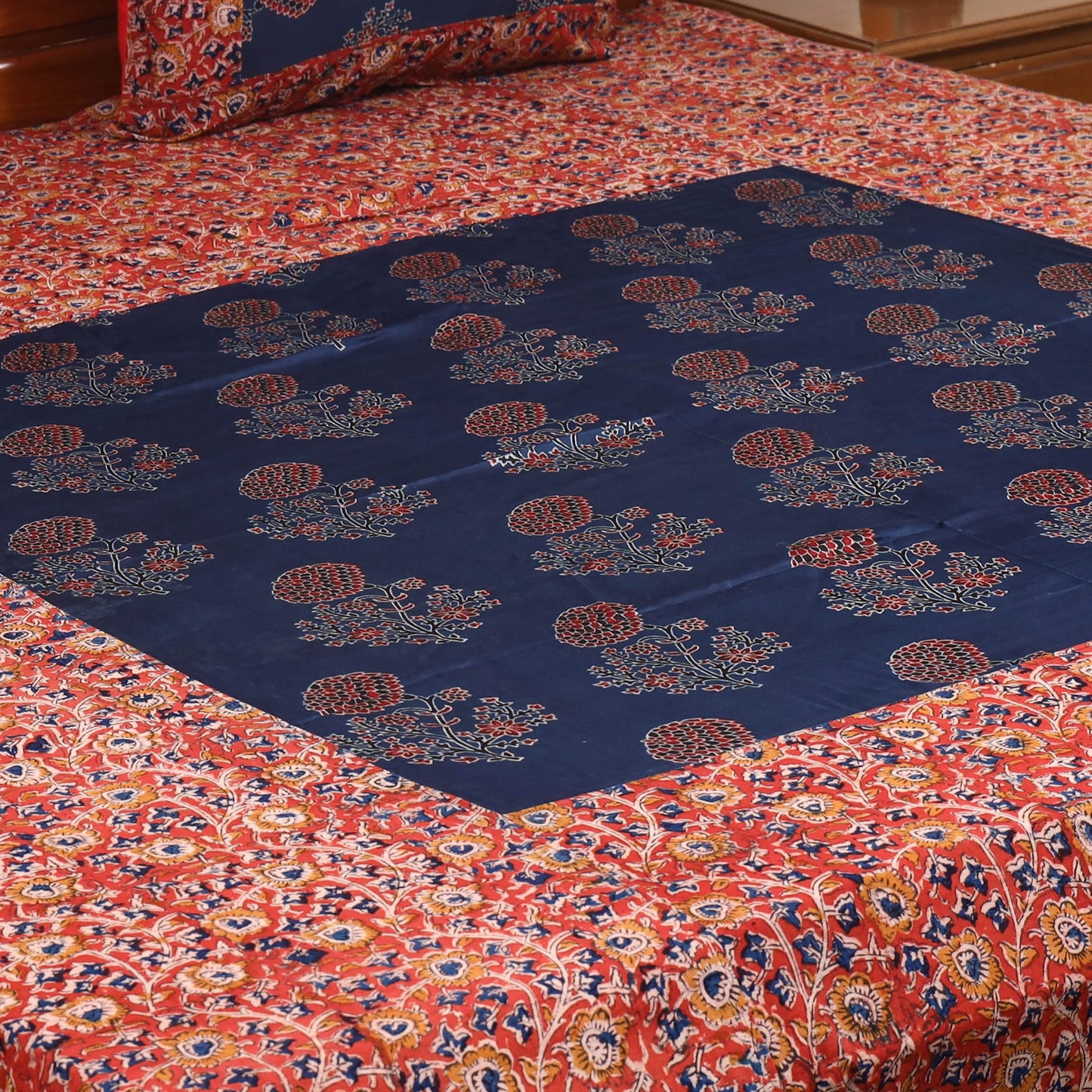 Red - kalamkari with modal silk patch cotton bedsheet set