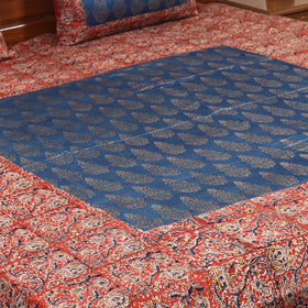 Red Kalamkari Print with Ajrakh Modal Silk Patch Cotton Bedsheet Set