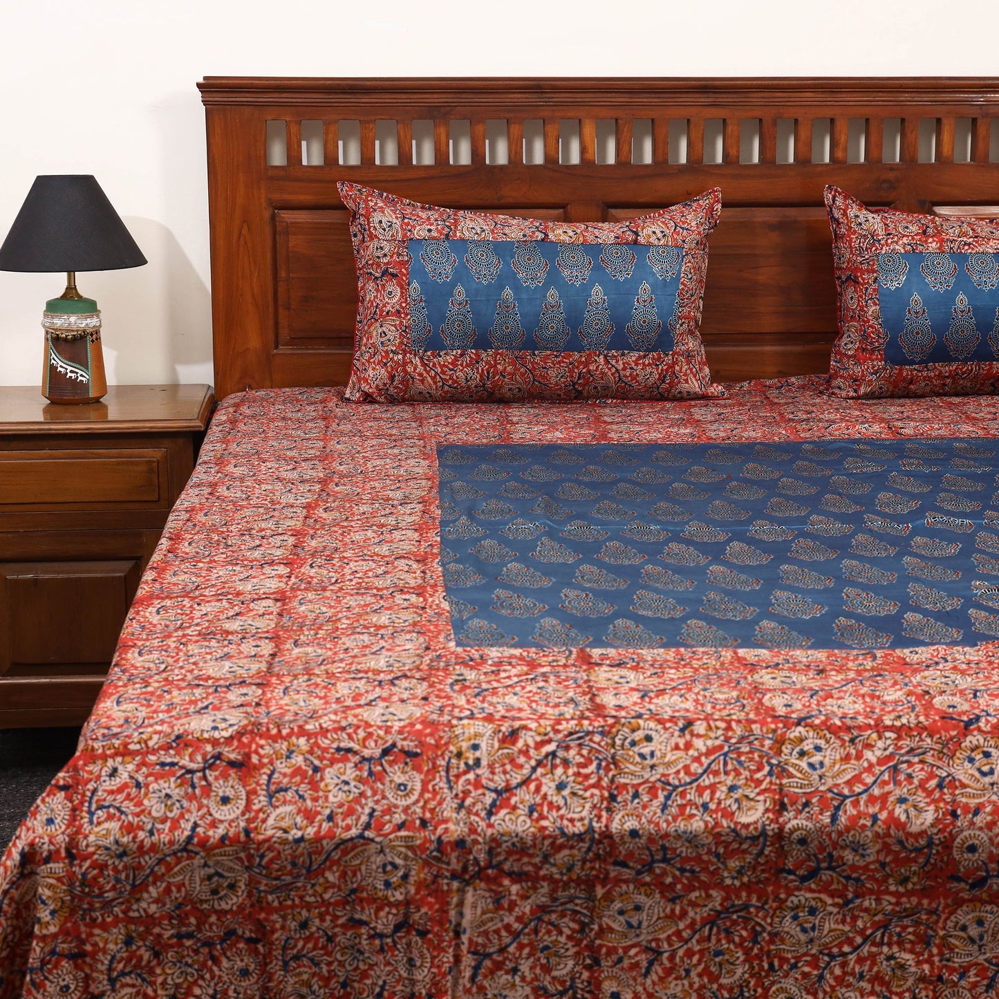 Red Kalamkari Print with Ajrakh Modal Silk Patch Cotton Bedsheet Set