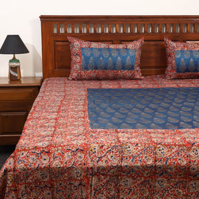 Red Kalamkari Print with Ajrakh Modal Silk Patch Cotton Bedsheet Set