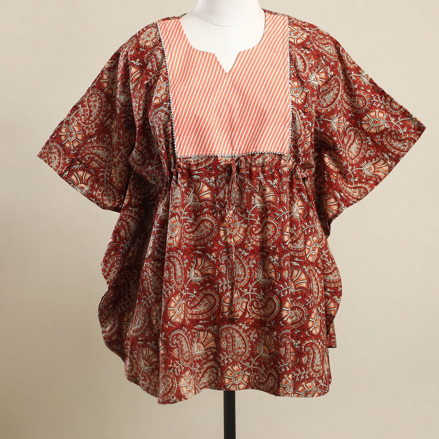  Red Kalamkari Mosaic Fusion Cotton Kaftan