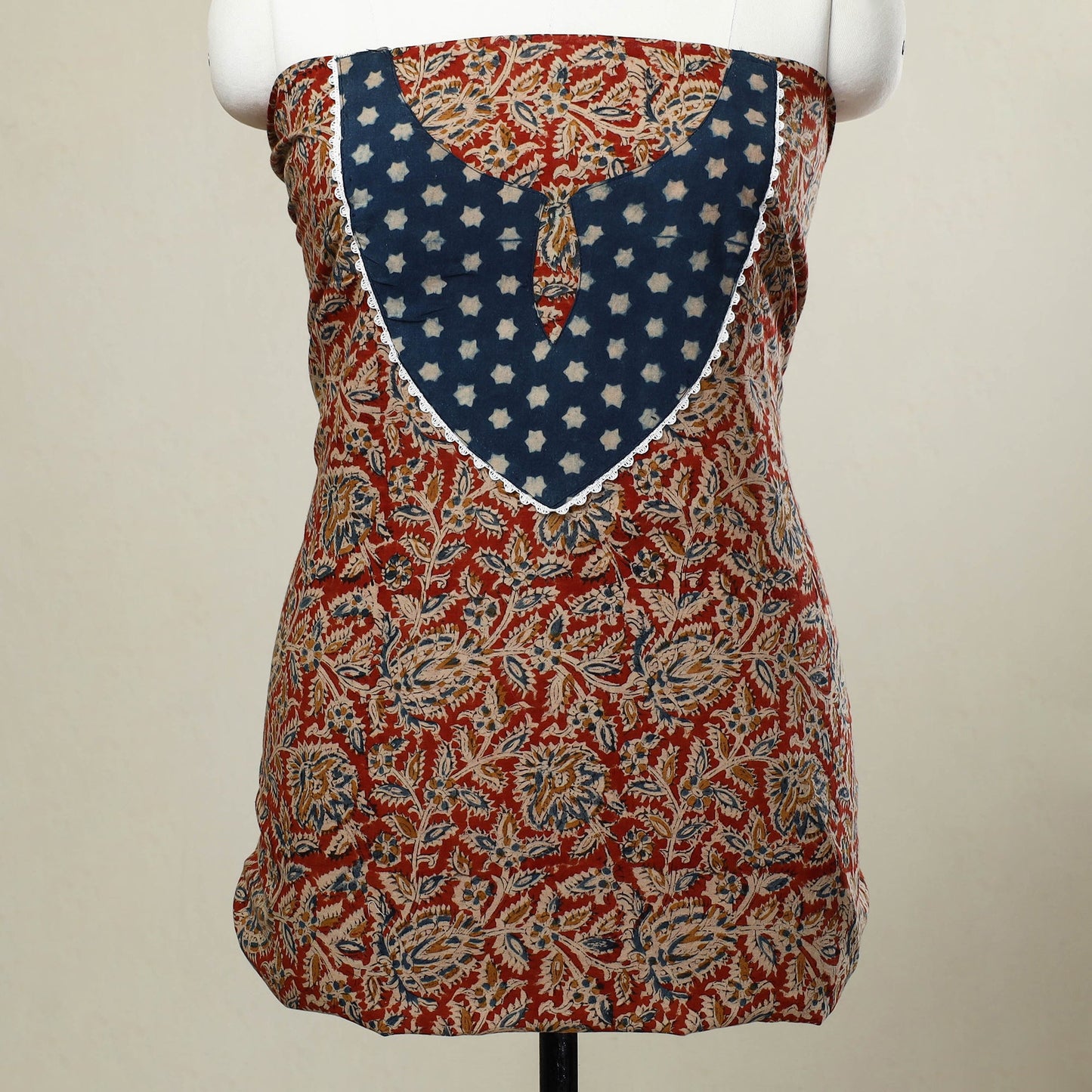  Red Kalamkari Print Patchwork Cotton Kurta Material