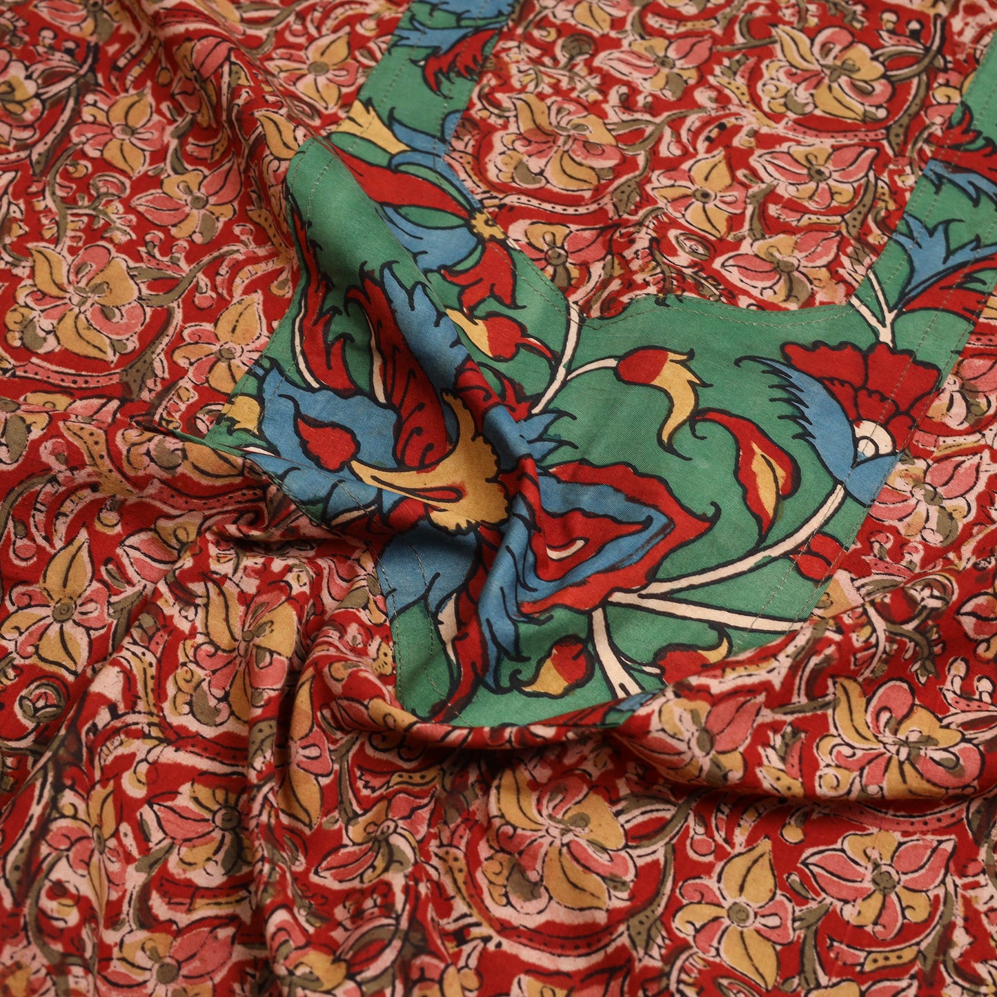 Buy Red Kalamkari Print Patchwork Cotton Kurta Material 