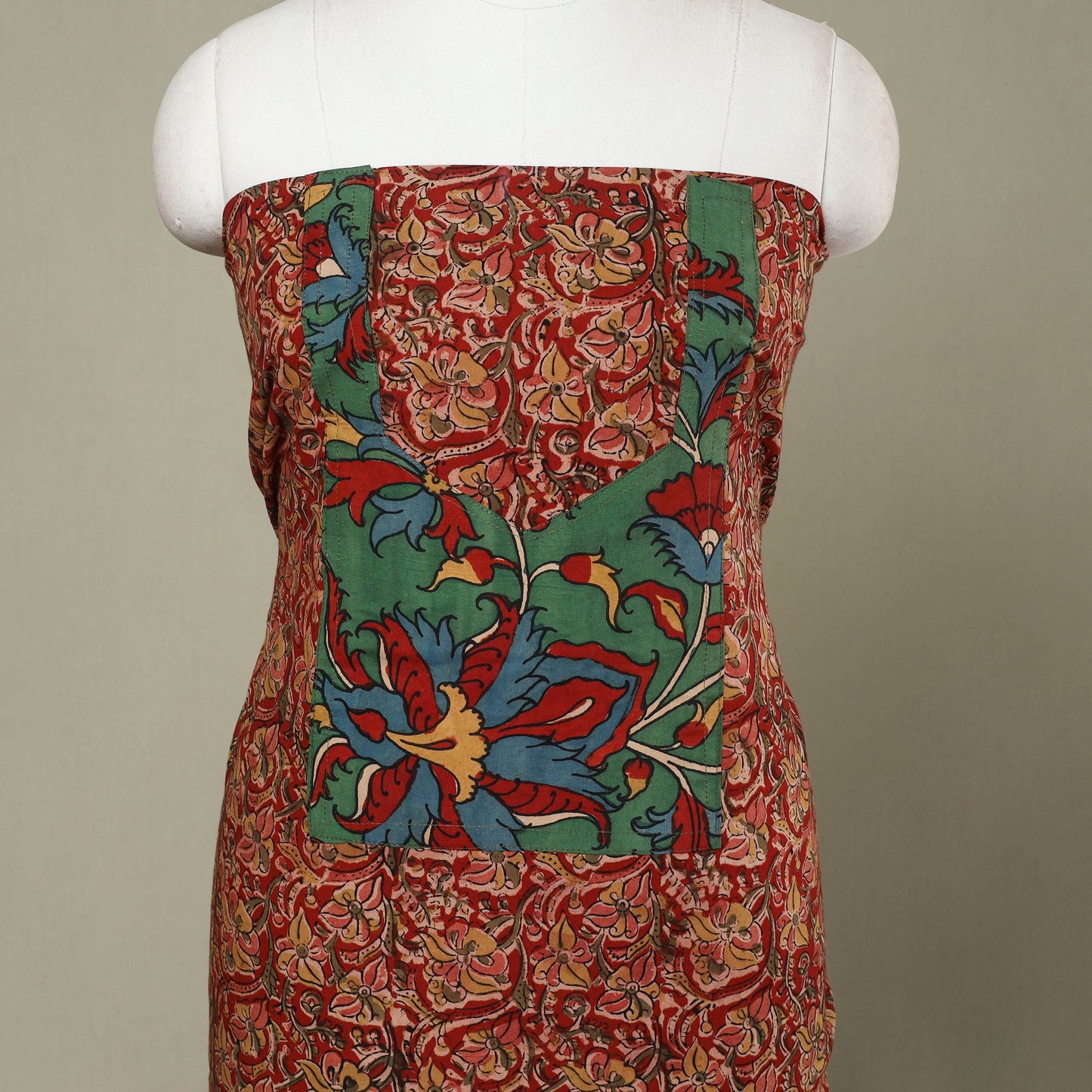 Buy Red Kalamkari Print Patchwork Cotton Kurta Material 