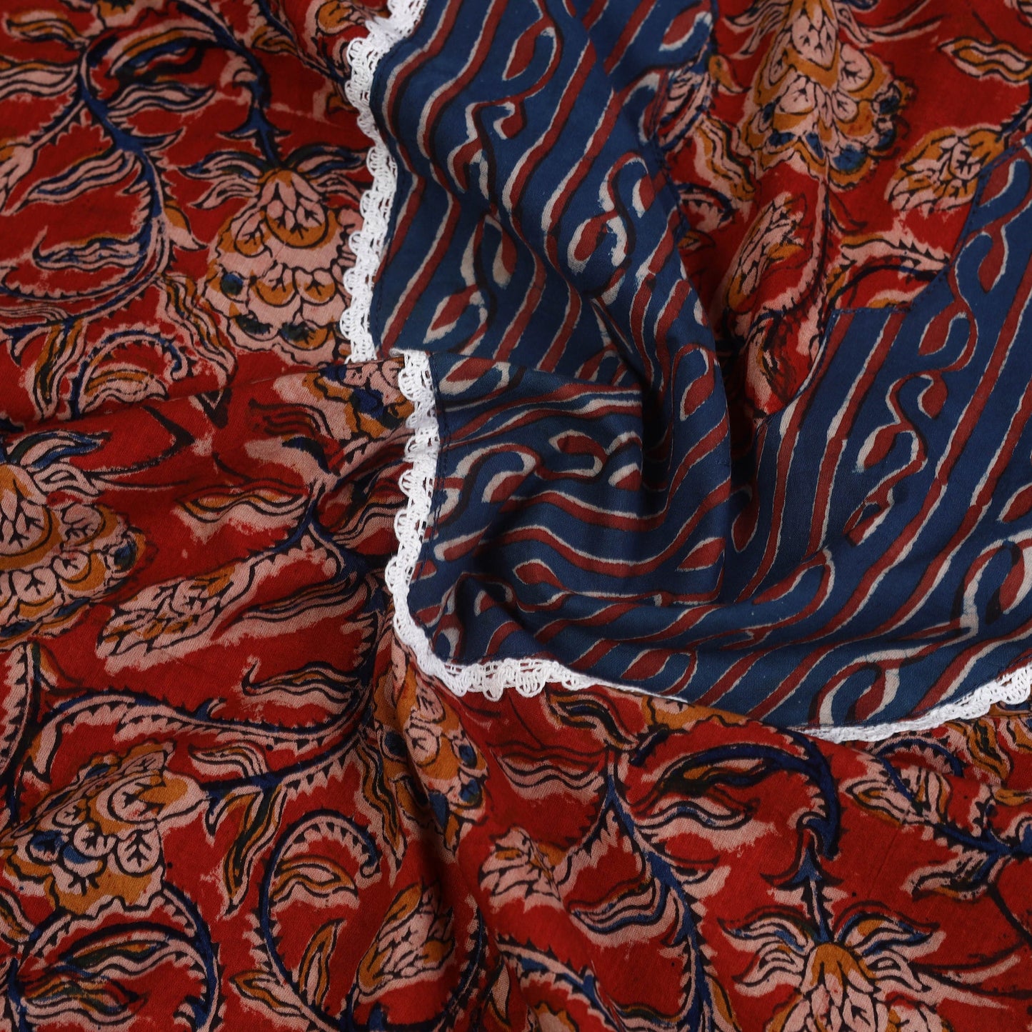 Buy Red Kalamkari Print Patchwork Cotton Kurta Material