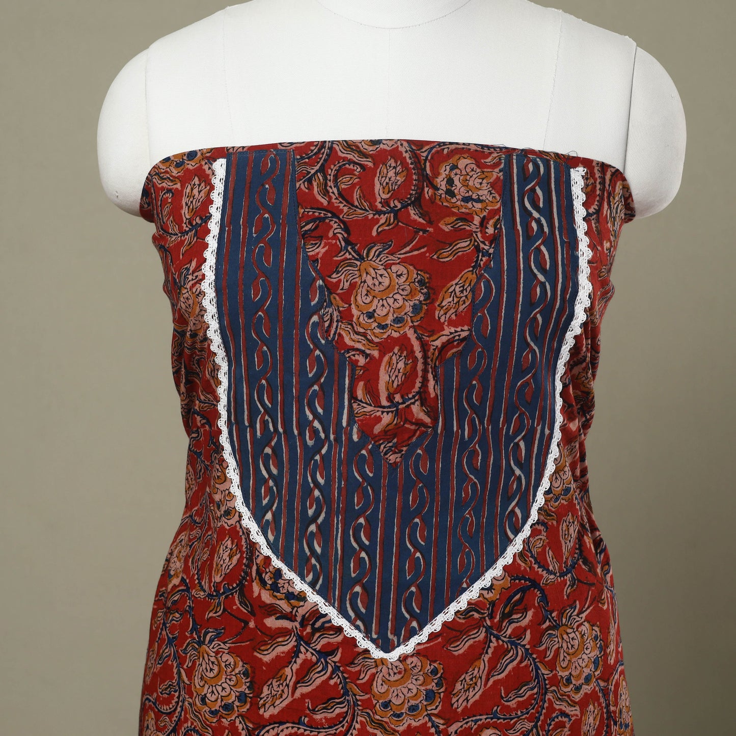 Buy Red Kalamkari Print Patchwork Cotton Kurta Material