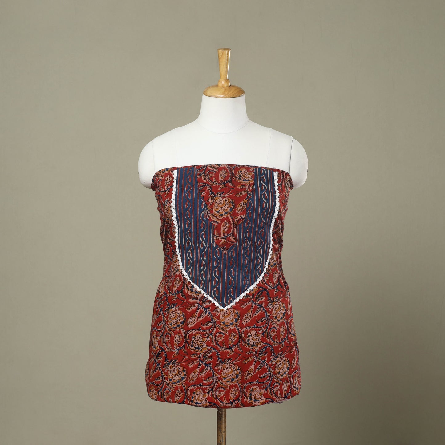 Buy Red Kalamkari Print Patchwork Cotton Kurta Material