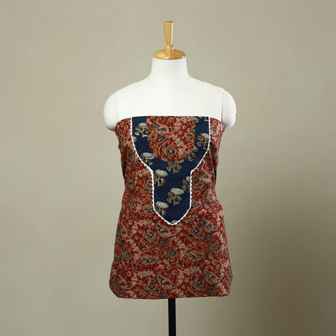 Buy Red Kalamkari Print Patchwork Cotton Kurta Material