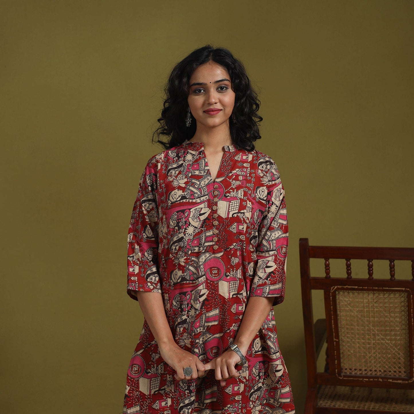 Red - kalamkari printed cotton 2pc kurta set for women 05