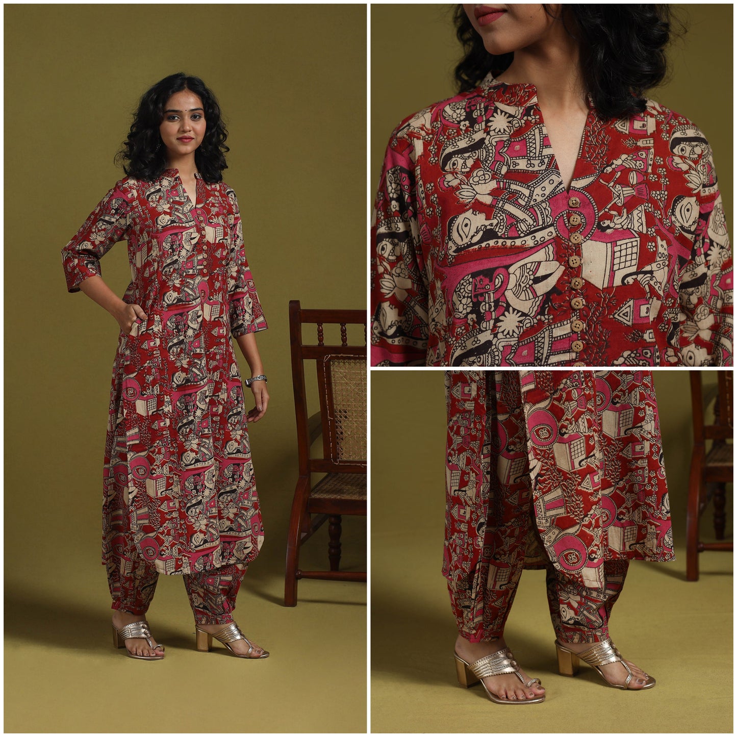 Red - kalamkari printed cotton 2pc kurta set for women 05