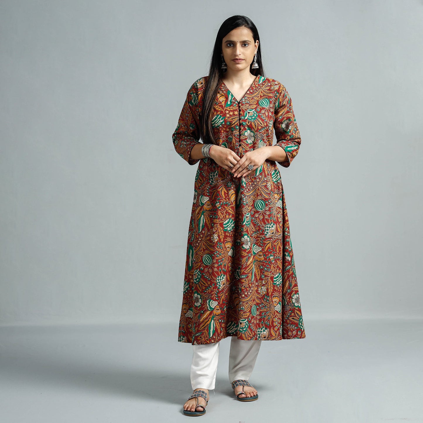  Kalamkari Printed Cotton Flared Kurta For Women