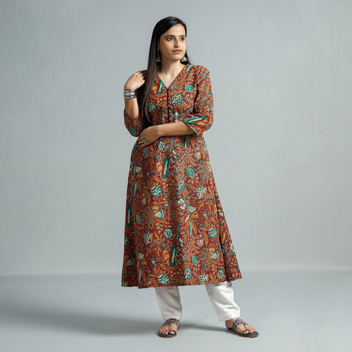  Kalamkari Printed Cotton Flared Kurta For Women