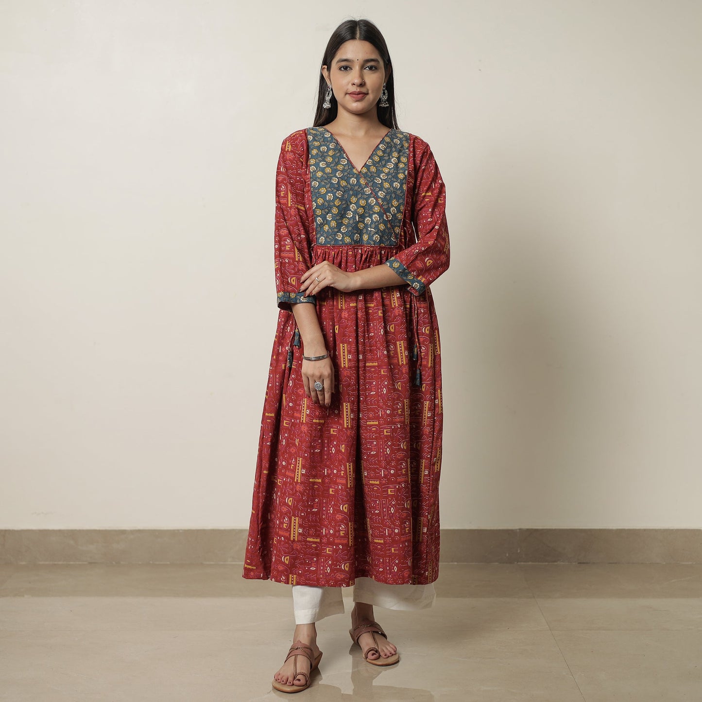 Kalamkari Print Cotton Flared Kurta with Patchwork For Women