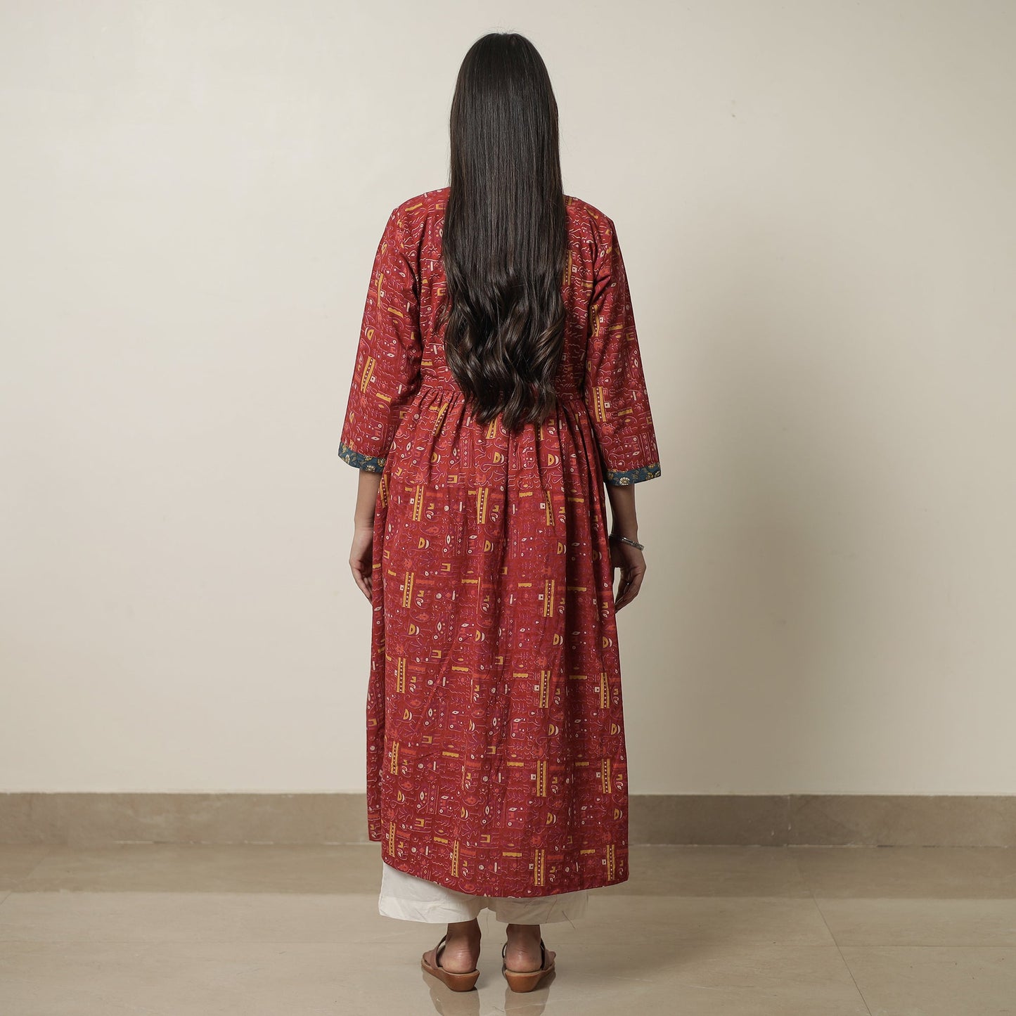 Kalamkari Print Cotton Flared Kurta with Patchwork For Women