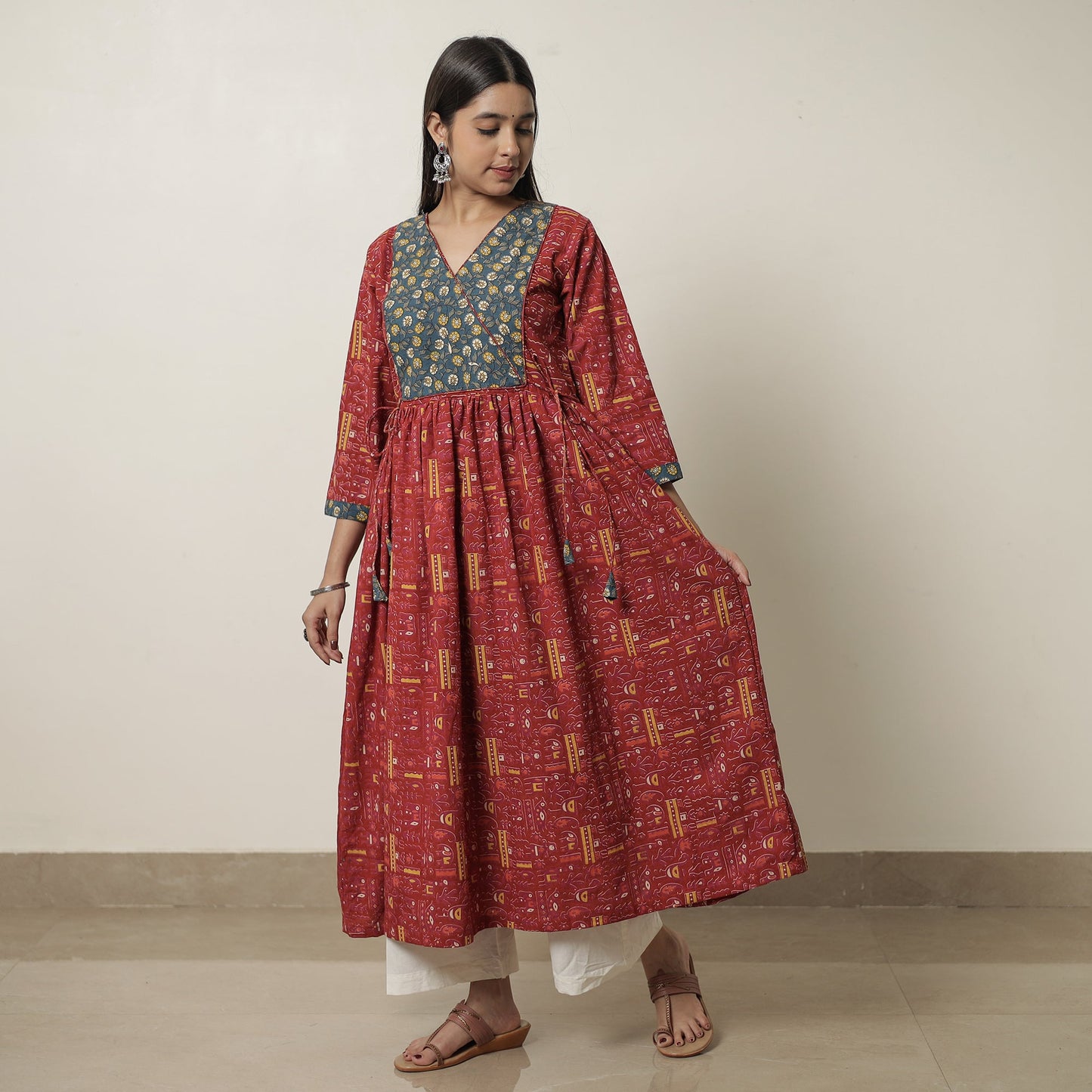 Kalamkari Print Cotton Flared Kurta with Patchwork For Women