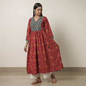 Kalamkari Print Cotton Flared Kurta with Patchwork For Women