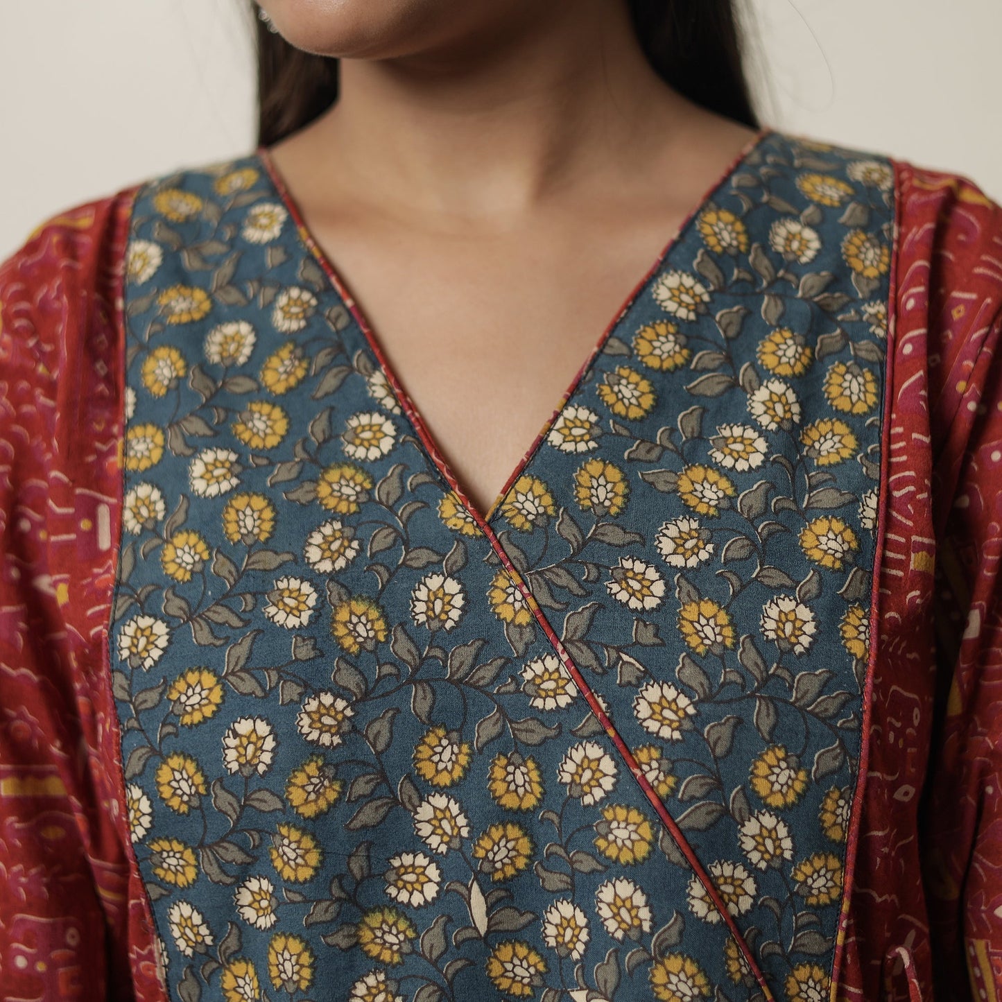 Kalamkari Print Cotton Flared Kurta with Patchwork For Women