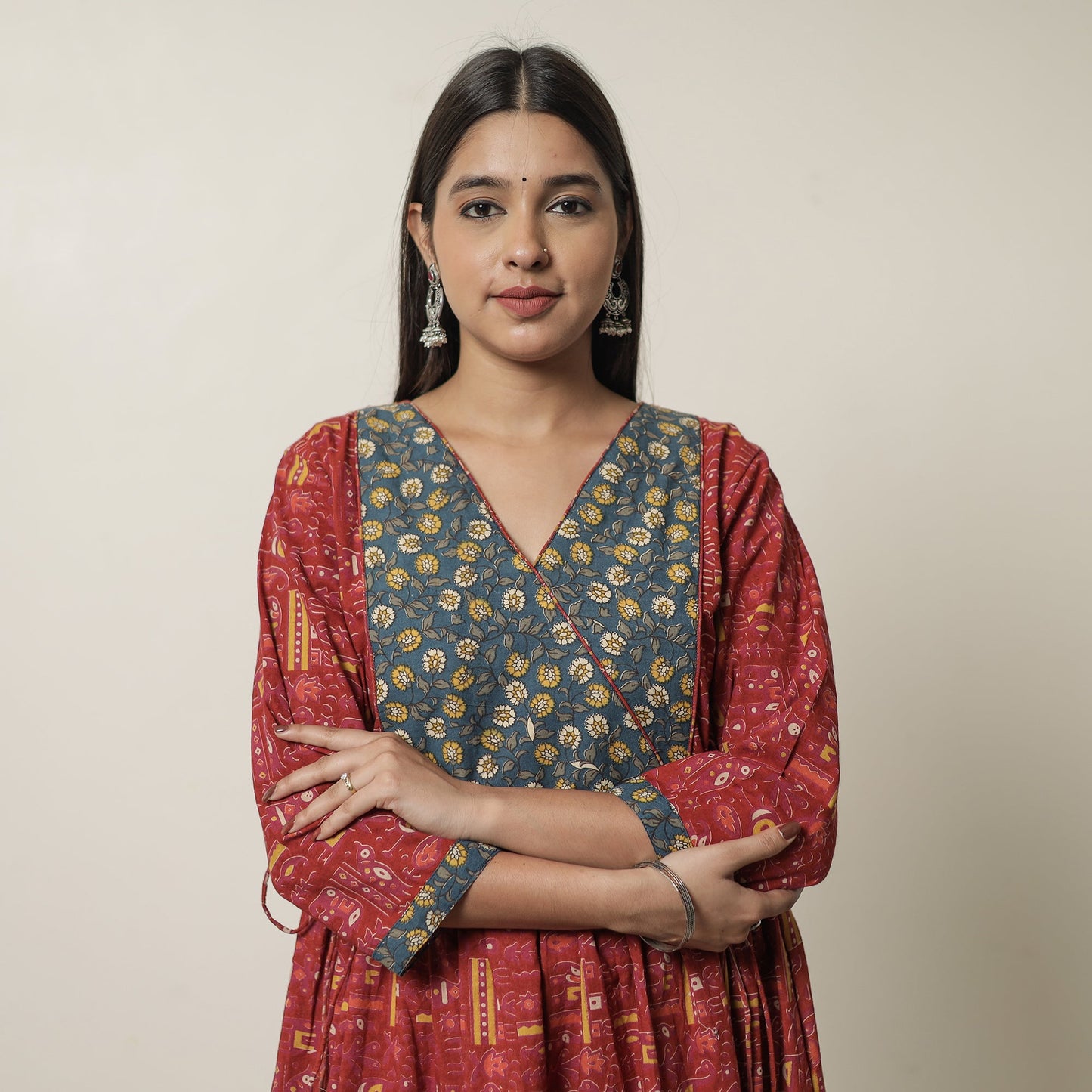 Kalamkari Print Cotton Flared Kurta with Patchwork For Women