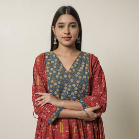 Kalamkari Print Cotton Flared Kurta with Patchwork For Women