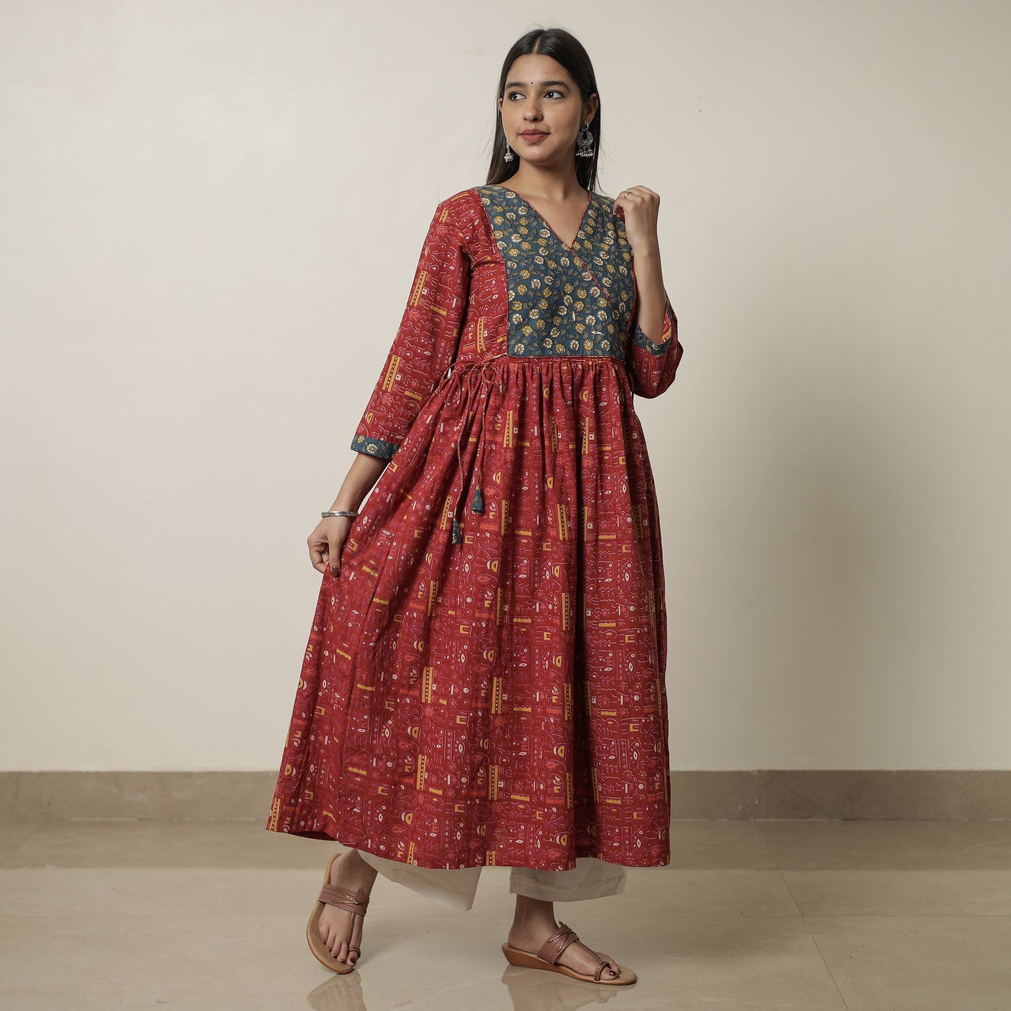 Kalamkari Print Cotton Flared Kurta with Patchwork For Women