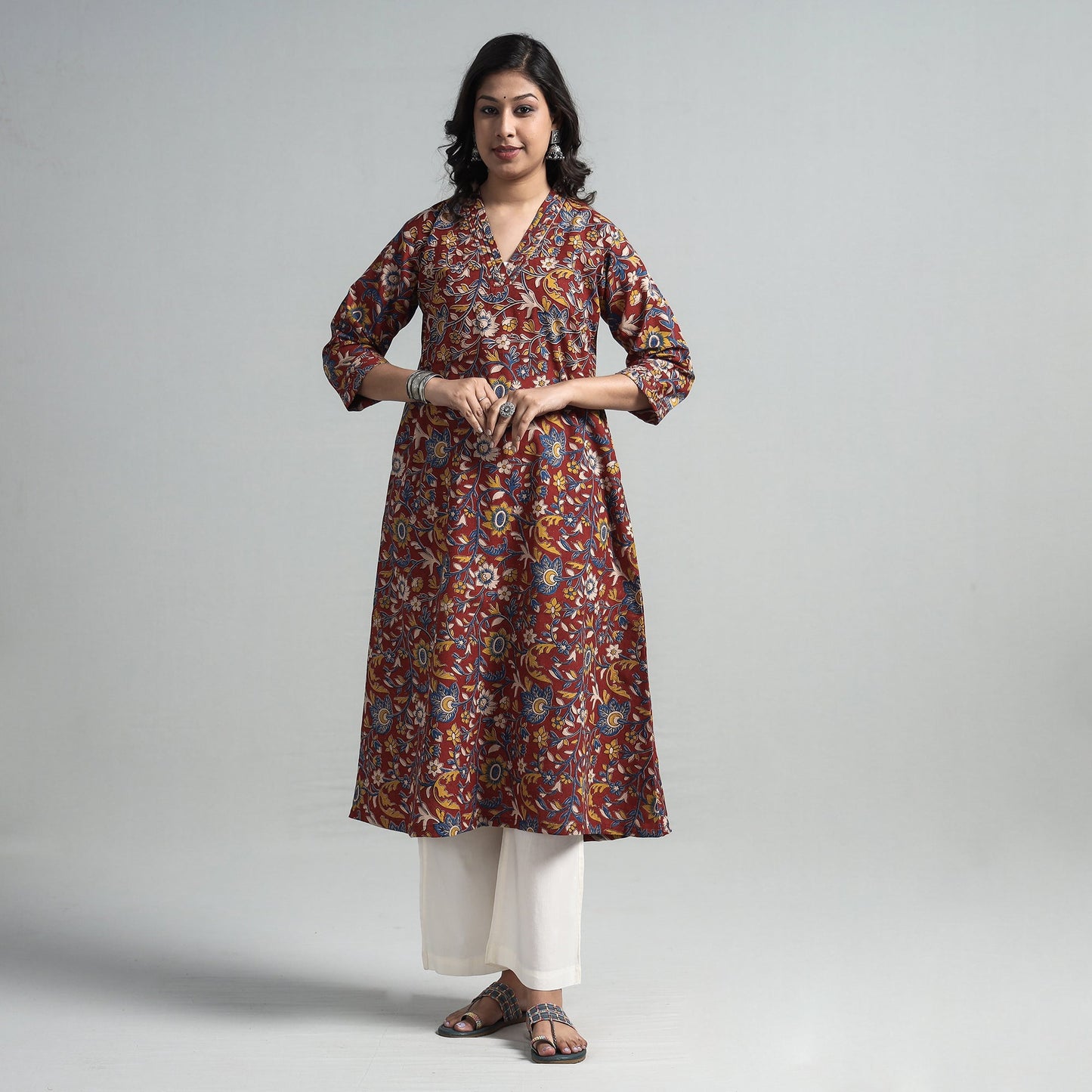 Buy Kalamkari Printed Cotton A-Line Long Kurta For Women