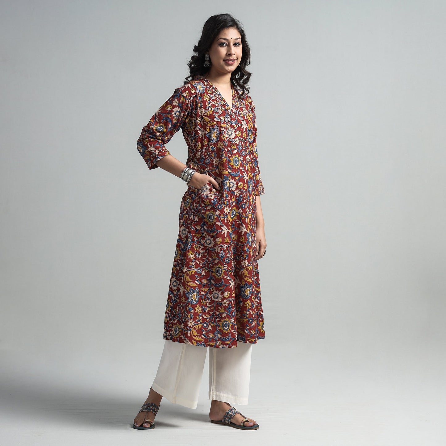 Buy Kalamkari Printed Cotton A-Line Long Kurta For Women