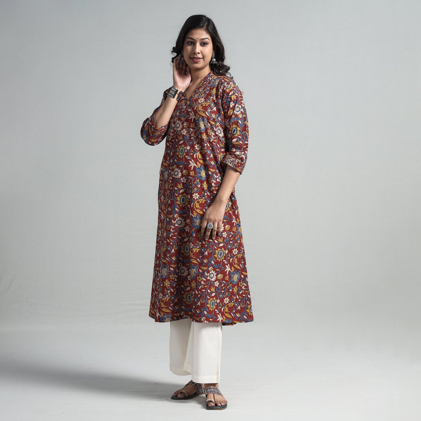Buy Kalamkari Printed Cotton A-Line Long Kurta For Women