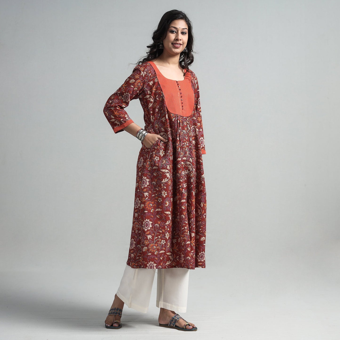 Buy  Kalamkari Printed Cotton A-Line Long Kurta with Patchwork Online at iTokri.com
