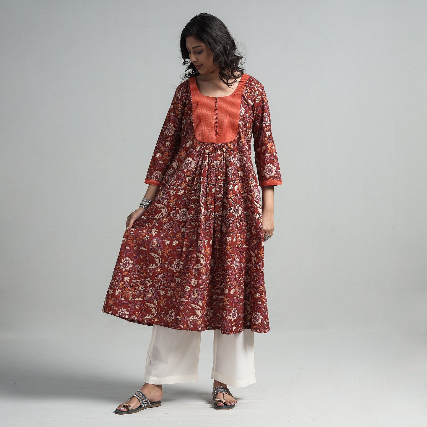 Buy  Kalamkari Printed Cotton A-Line Long Kurta with Patchwork Online at iTokri.com