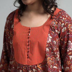 Buy  Kalamkari Printed Cotton A-Line Long Kurta with Patchwork Online at iTokri.com
