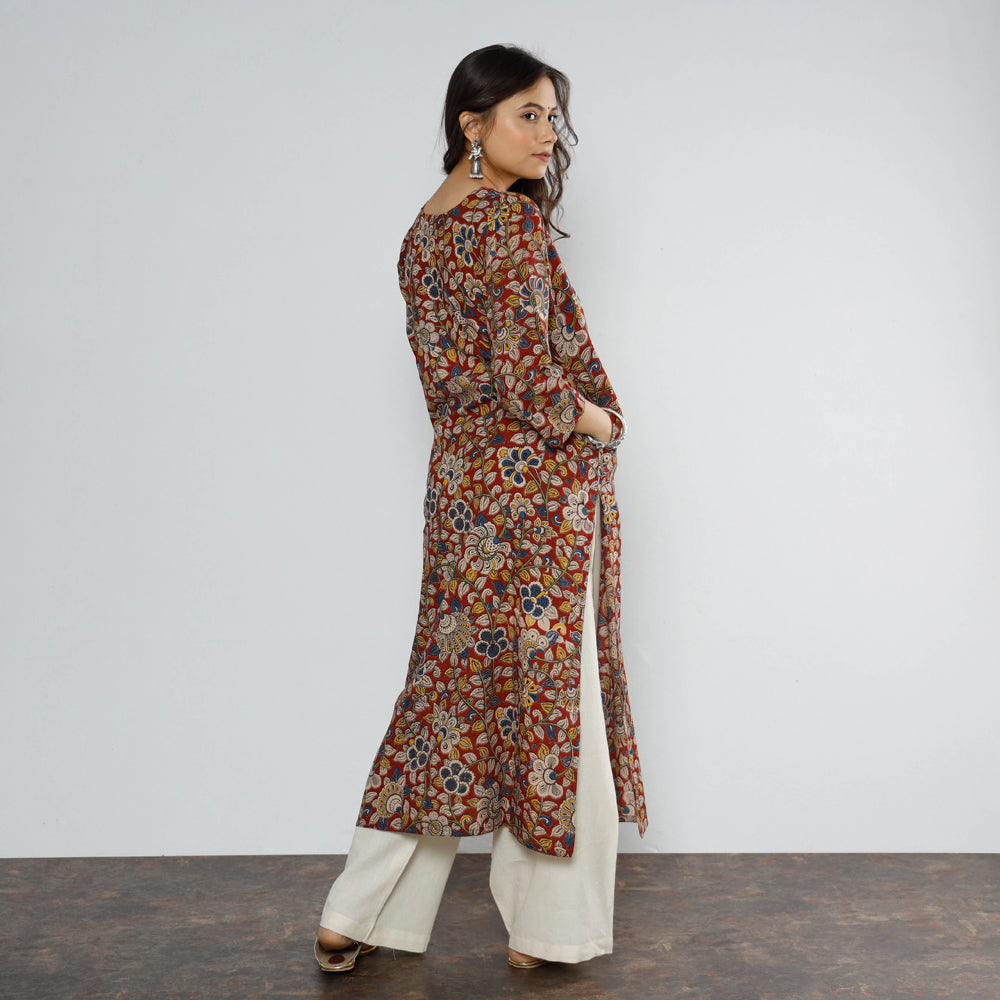  Red Kalamkari Block Printed Cotton Long Kurta For Women