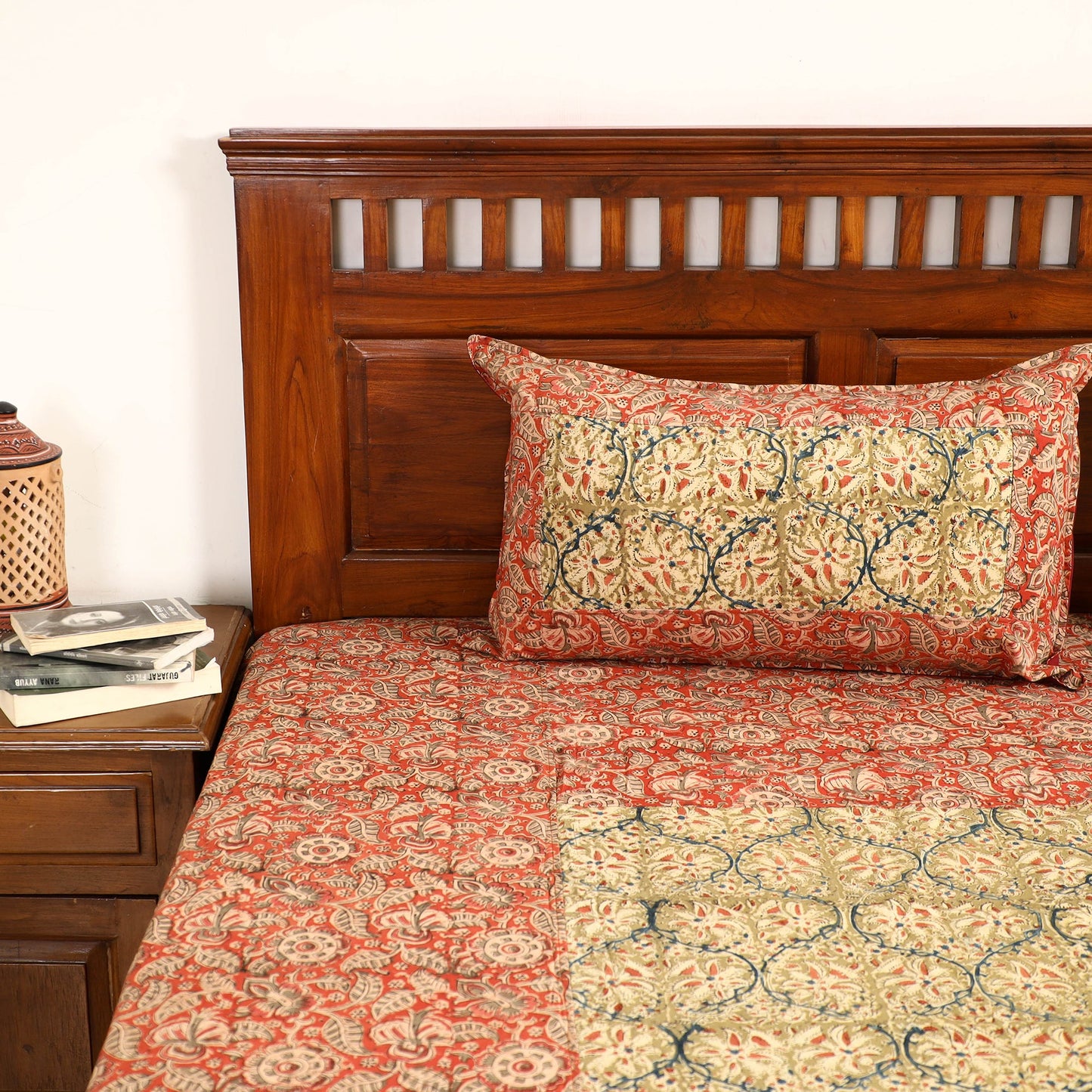 Buy Kalamkari Block Printed Patchwork Cotton Double Bed Cover With Pillow Covers Online at iTokri.com