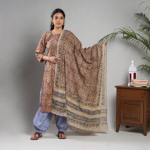   Kalamkari Block Printing Cotton Kurta with Salwar & Dupatta Set Online at iTokri.com