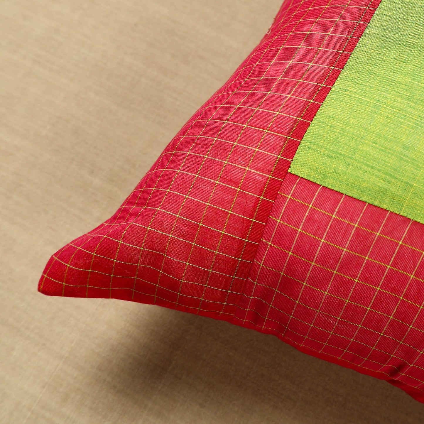 Red - kanchipuram patchwork cushion cover 27 - handcrafted