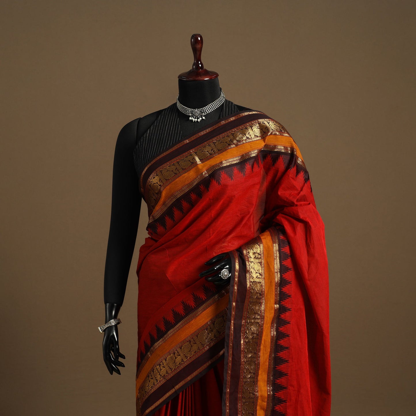 Red Kandangi Chettinad Cotton Saree with Border