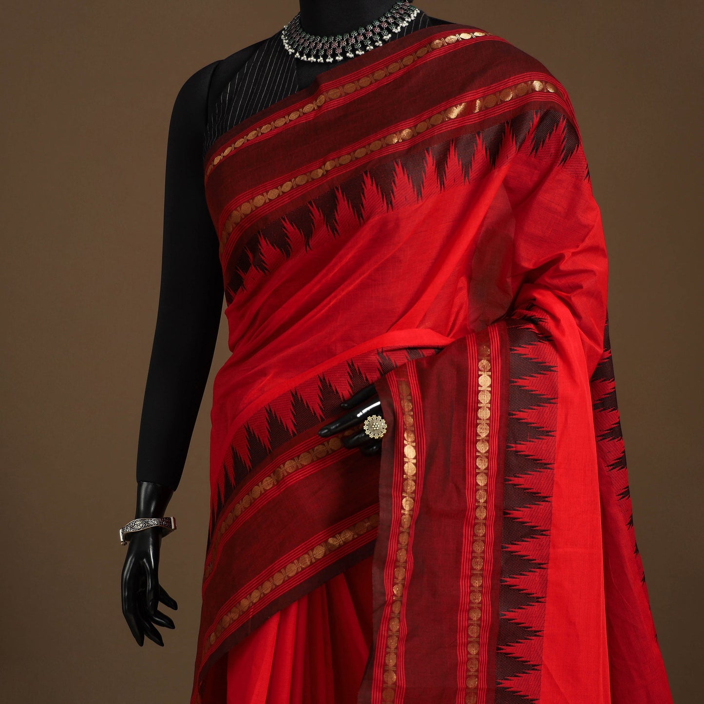 Red Kandangi Chettinad Cotton Saree with Border