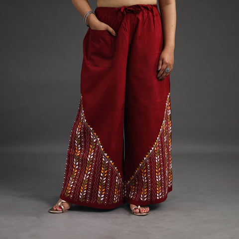 Red Kantha Hand Embroidery Palazzo in Cotton