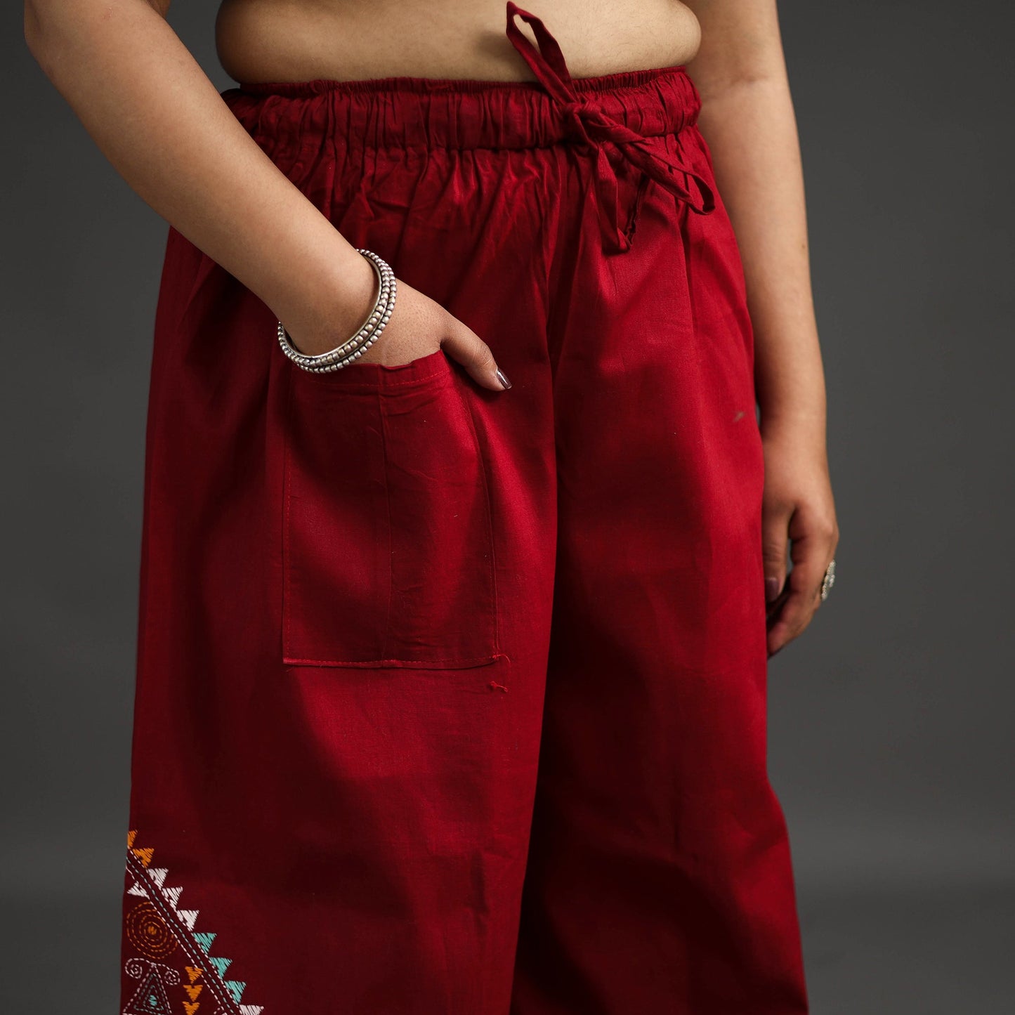 Buy Red Kantha Hand Embroidery Palazzo in Cotton