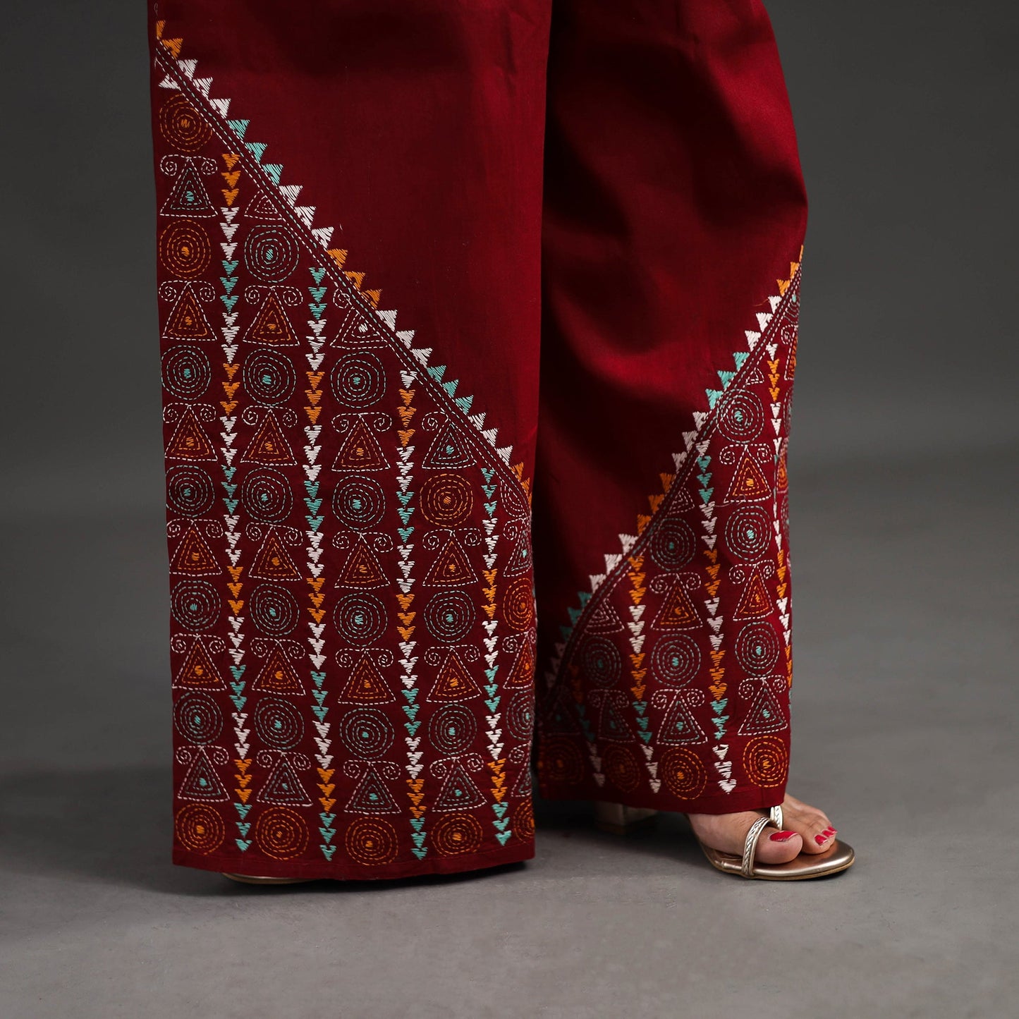 Buy Red Kantha Hand Embroidery Palazzo in Cotton