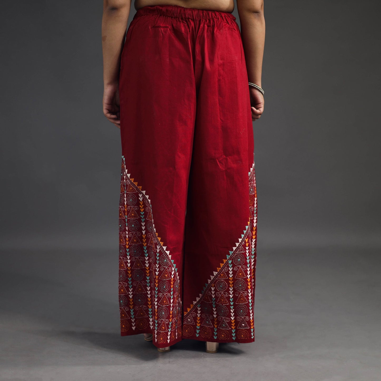 Buy Red Kantha Hand Embroidery Palazzo in Cotton