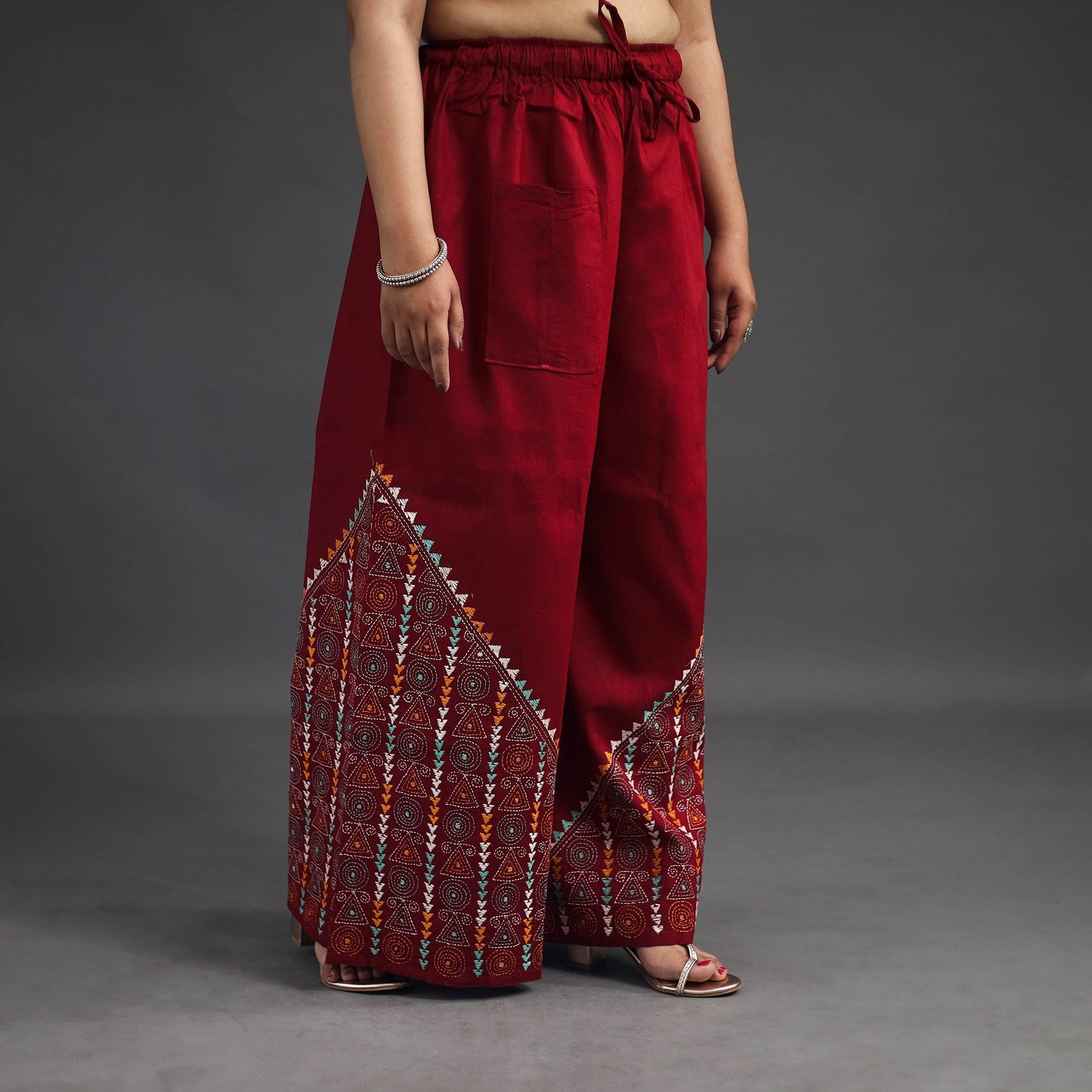Buy Red Kantha Hand Embroidery Palazzo in Cotton