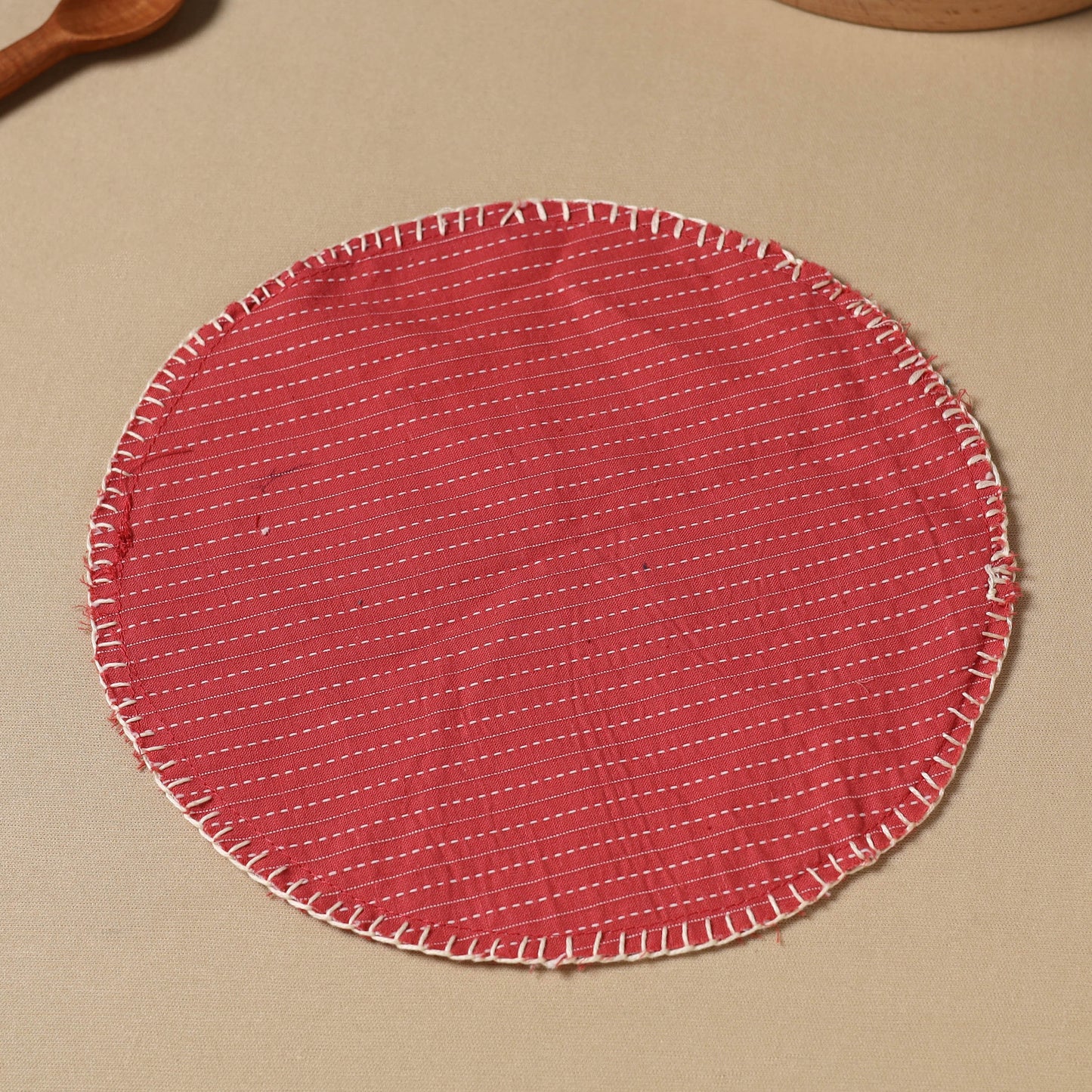  Red Kantha Stitch Cotton Hand Embroidery Roti Napkin 01