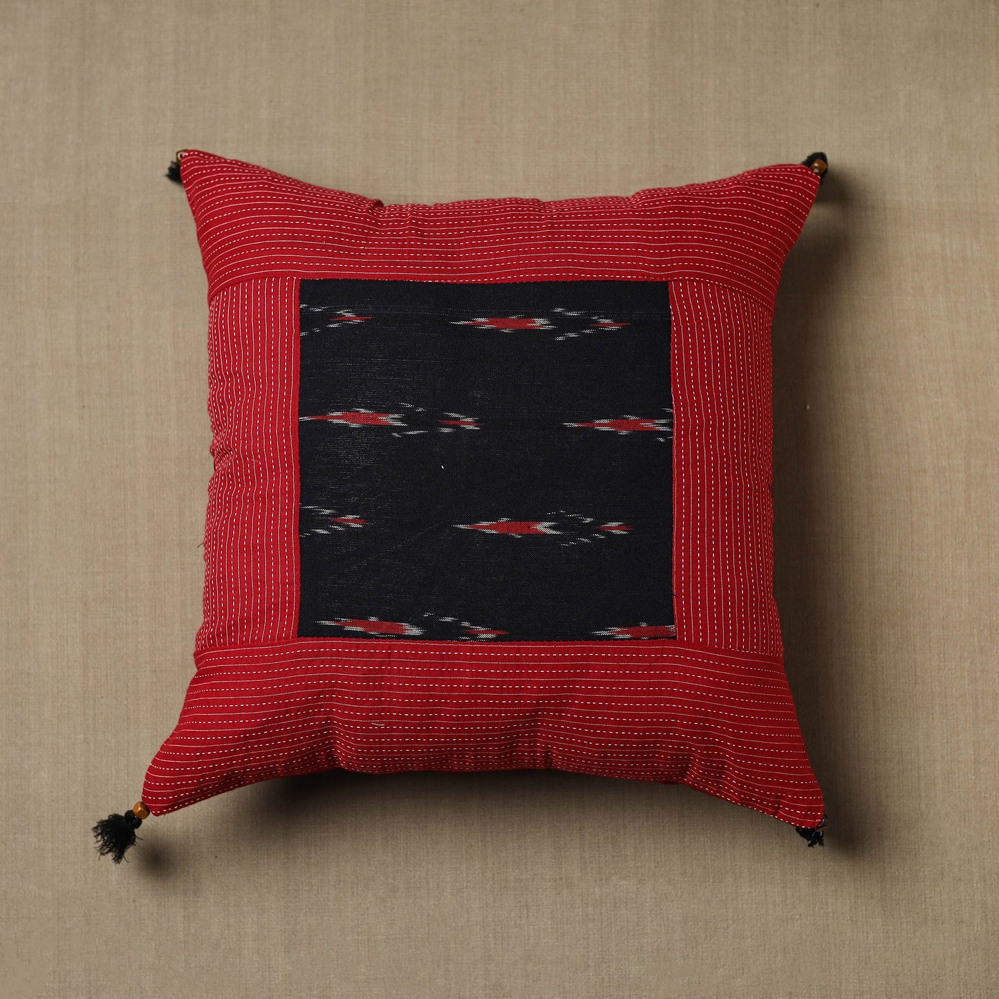 Buy Red Kantha Stitch Ikat Cotton Cushion Cover (16 x 16 in) 08