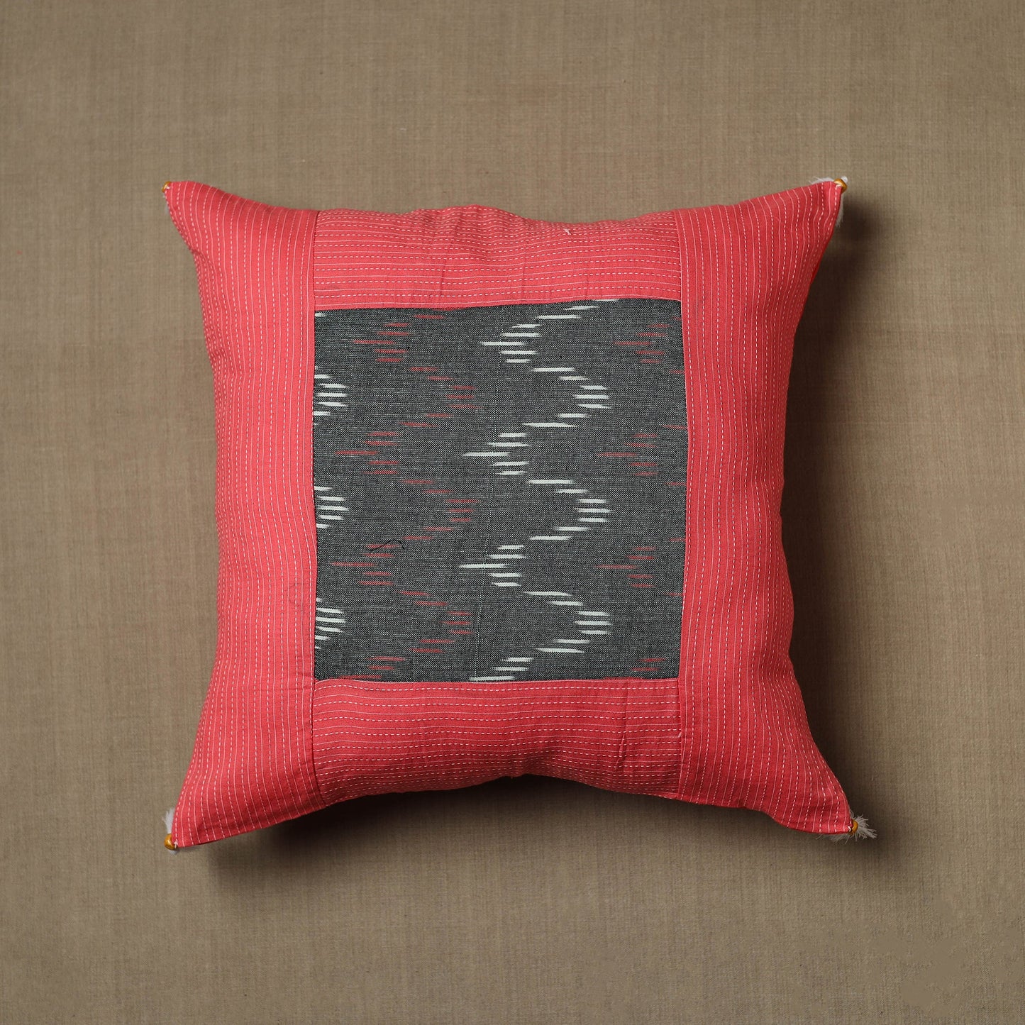 Red - Kantha Stitch Ikat Cotton Cushion Cover (16 x 16 in) 23
