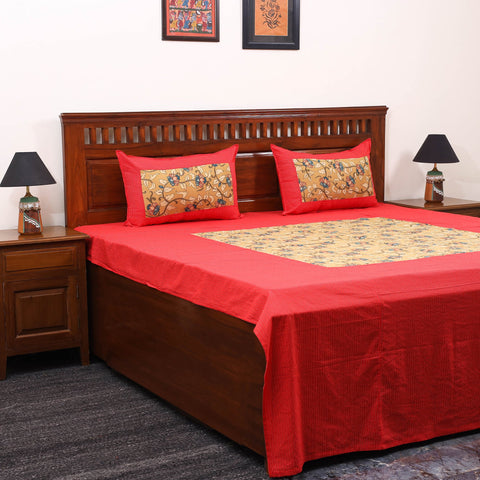 Red - kantha stitch with kalamkari patch cotton bedsheet