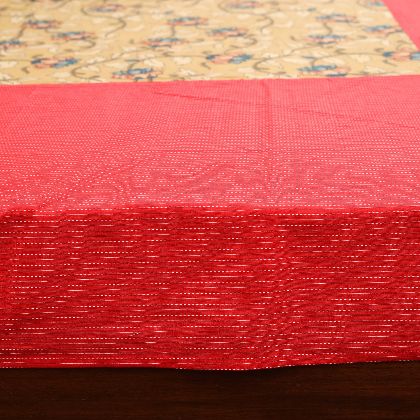 Red - kantha stitch with kalamkari patch cotton bedsheet