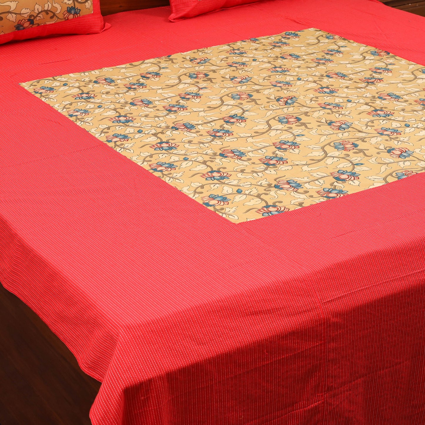 Red - kantha stitch with kalamkari patch cotton bedsheet