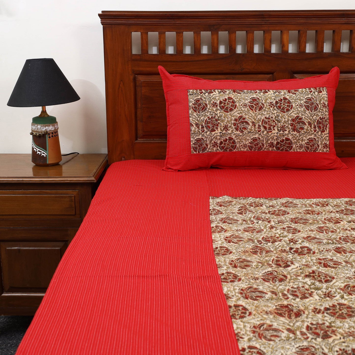 Kantha Stitch with Kalamkari Patch Cotton Bedsheet Set